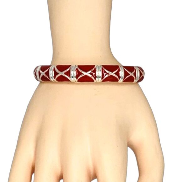 Vintage Red Silver Tone Bangle Bracelet 7.5" Hinged Nautical Formal Christmas - Picture 5 of 10